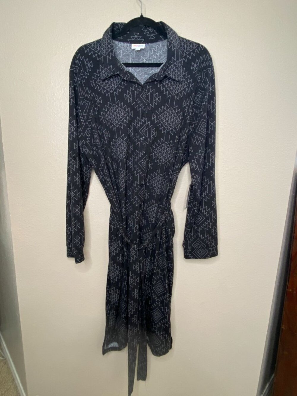 LuLaRoe Womens Ellie Geometric Print Collared Shirt Dress Waist Tie XL Black NEW - Picture 2 of 7